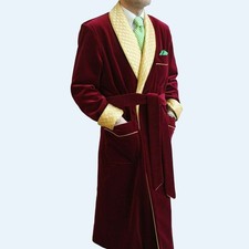 Men's Long Maroon Velvet Smoking Jacket Yellow Quilted Robe Long Gown