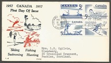 1957 FDC First Day Cover 5c Sports Block #365-8 Ottawa Ont to Scotland H&E Cache