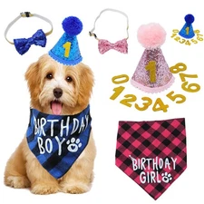 Pet Birthday Bandana Set Blue Red Triangle Scarf for Dog Party Costume Photo