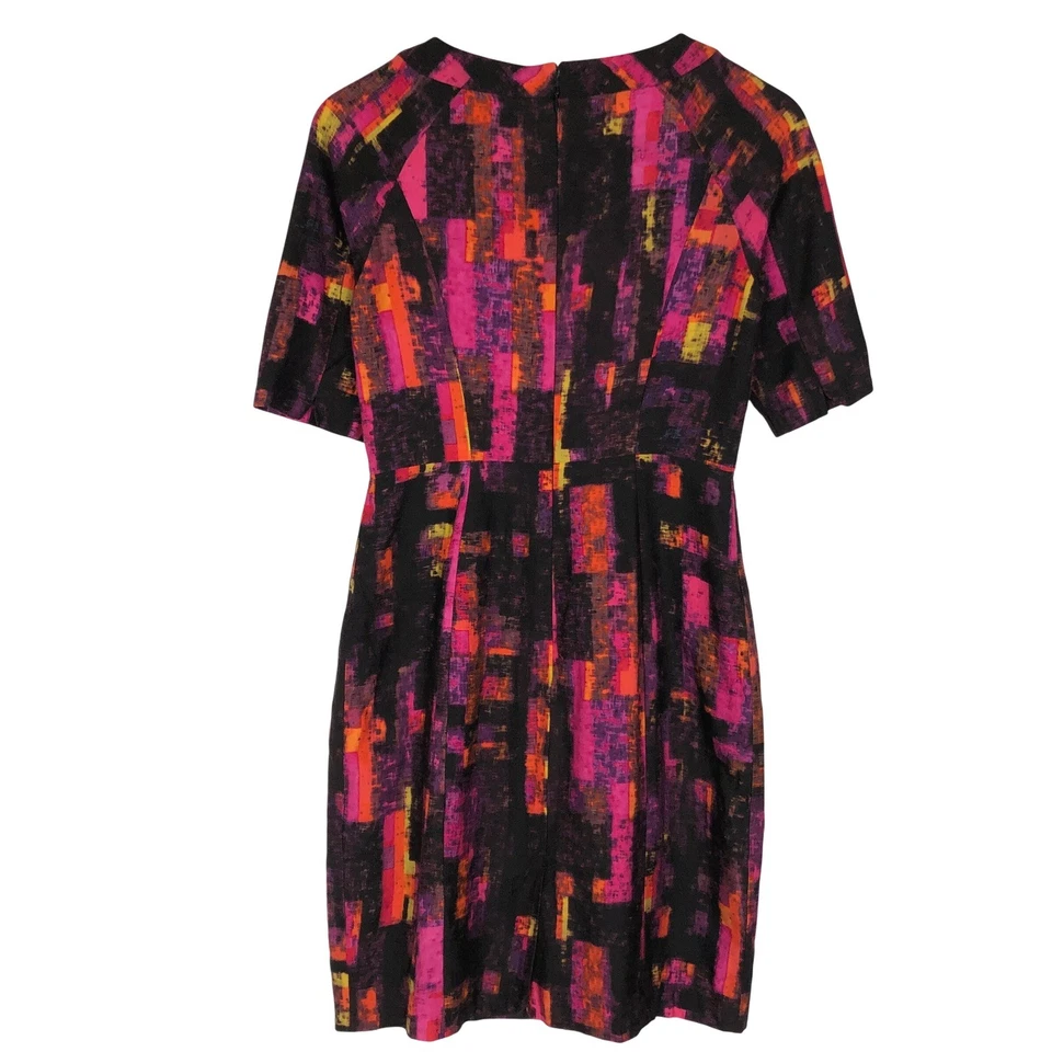 Vestido midi de seda SHOSHANNA tamanho 4 preto rosa laranja abstrato bainha carreira P/S - Imagem 2 de 4