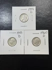 (3 Coins) 1958 1959 1960 D Mints Silver Roosevelt Dimes