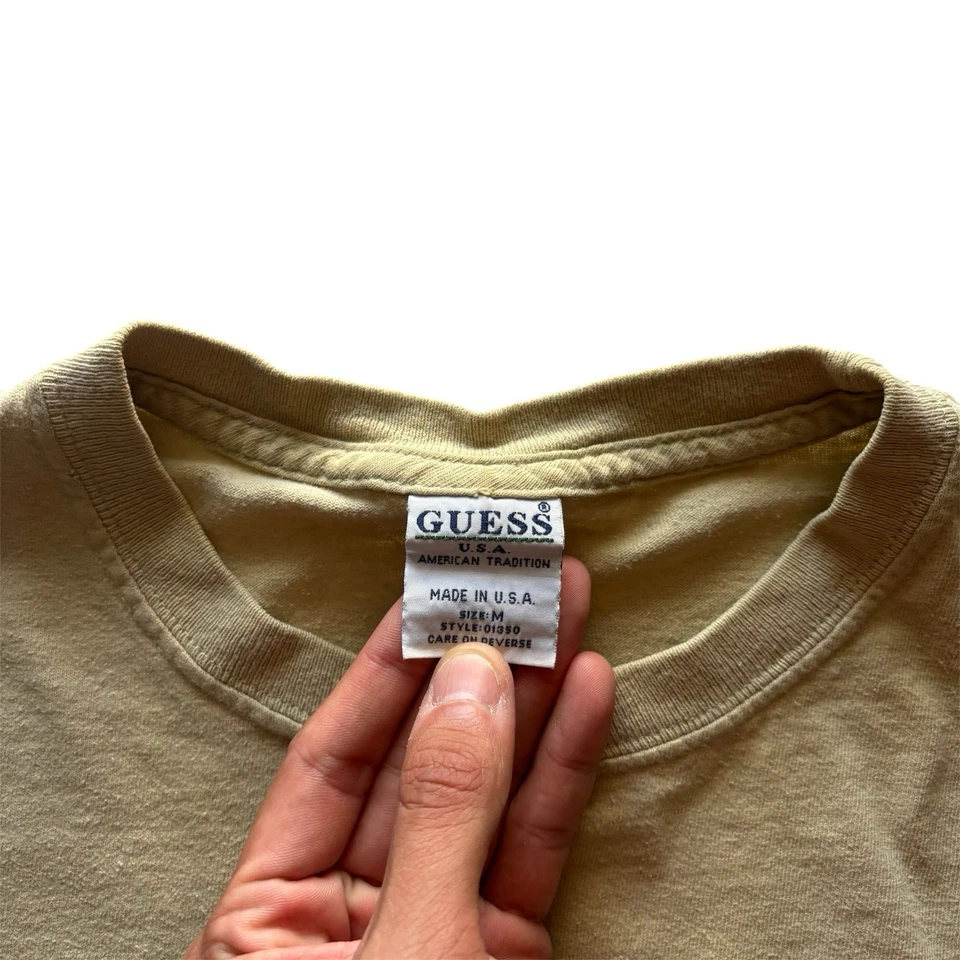 Vintage 90s Guess Jeans Shirt Sz M Beige Khaki Tan Made in USA Casual Rare - Image 2 of 2