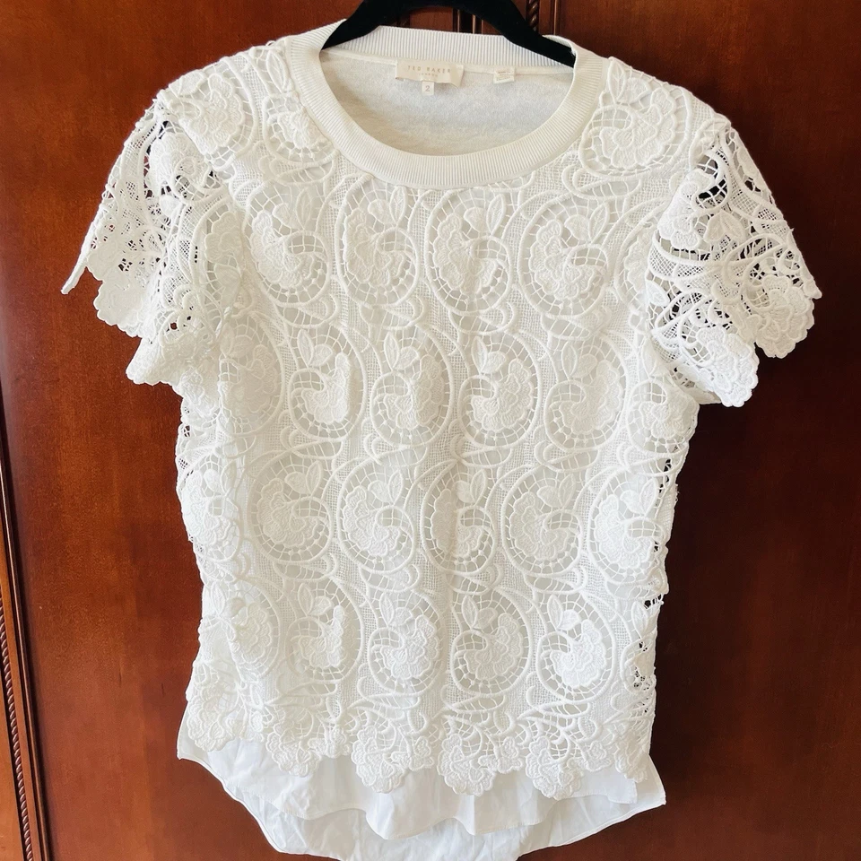 TED BAKER White Lace "Kitta" Short Sleeve Shirt Sz 2 (M) - Image 2 of 4