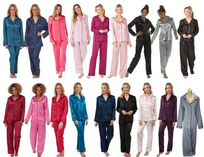 Damen schlicht sexy Satin seidig Pyjama volle Länge Langarm ÜBERGRÖSSE 8-34