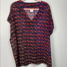 Cabi The Bonus Print Sheer Multicolor Cap Sleeve V-Neck Oversized Top XL