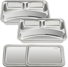 Child Stainless Steel Rectangular Divided Plates, 3 Sections Dinner Plates,
