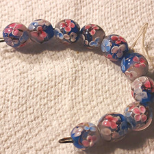 Millefiori Floral Glass Beads Lot 10 , Blue Pink White Gold Round 11mm 1mm
