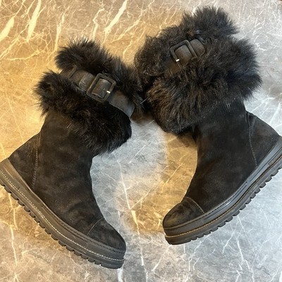 Stuart Weitzman Fur Suede Boots Cozy Chunky Sole 8 Black Fluffy