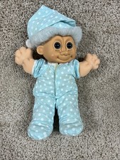 Vintage 1980s Russ Troll Doll in Blue Polka Dot Pajamas, Night Cap Blue Hair 13"