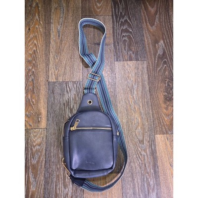 Telena Navy Blue Vegan Leather Sling Bag Crossbody with Patterned Guitar Strap