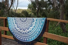 Indian Ombre Mandala Blue Tapestry Roundie Blanket Tassel Lace Beach Yoga Mat