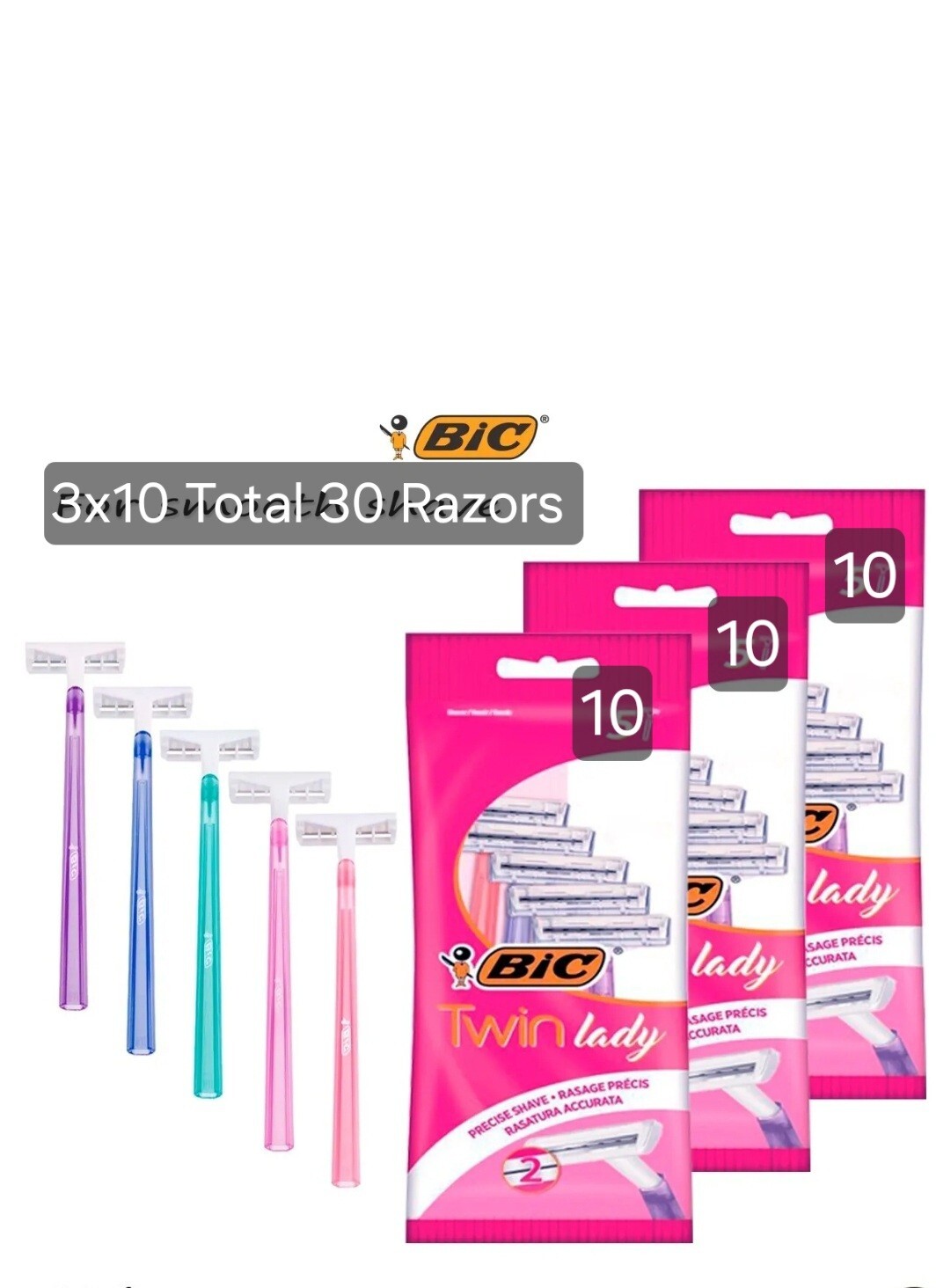 3x Bic Twin Lady PINK Razors  WOMEN Sensitive Skin clean Shaving Disposable