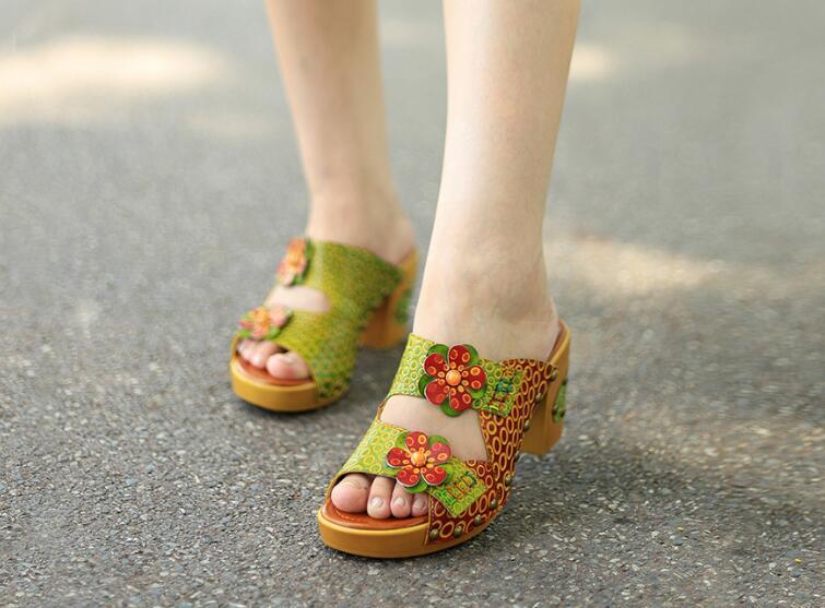 Women's Genuine Leather Floral Slippers Color Block Party Shoes Handmade