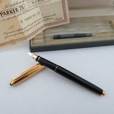 PARKER 75 PENNA STILOGRAFICA BLACK & GOLD PLATED WITH NIB 14K T 585 BOX & PAPERS