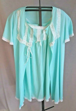 Vtg Peignoir Nightgown Robe Set Mint Green/Blue Babydoll Size Sm/Med Eyelet Trim