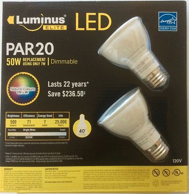 Luminus LED PAR20 7W 500 Lumens 3000K Dimmable Light Bulb 1 PACK (2 bulbs)