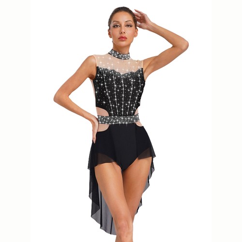 Women High Low Dancewear Ice Skating Dress Shiny Stretchy Skirts for Ballroom - Picture 103 of 162