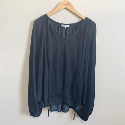 Current Air Navy Blue Satin Long Sleeve Split Neck Balloon Sleeve Peasant Top S