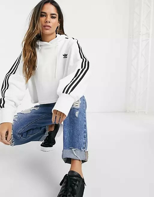 Adidas Women white oversized cropped hoodie jumper Sweater