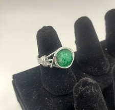 Wire Wrapped Silver Ring with Green Glass Stone, Women's, Girls, Gift
