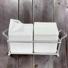 Denmark Sugar And Creamer Set 2 Vitrified Porcelain White Ceramic W Metal Rack