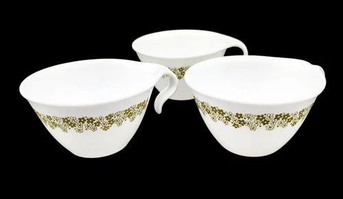 Coffee Cups Spring Blossom Green Crazy Daisy Corning Ware Vintage Lot of 3