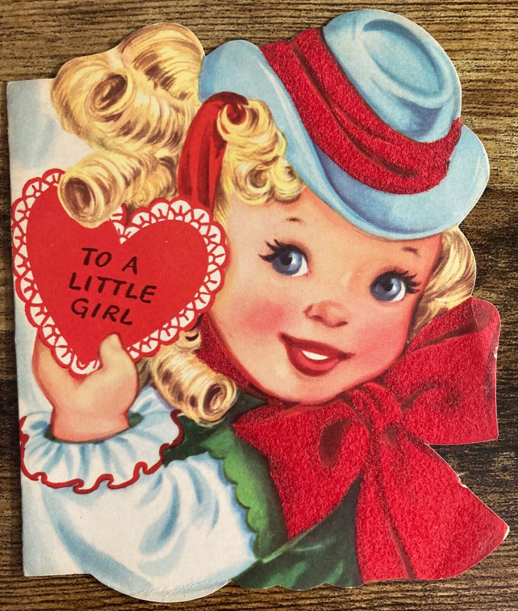 Vintage Valentine Card A-MERI-CARD MCM 1950s Pretty Girl flocked