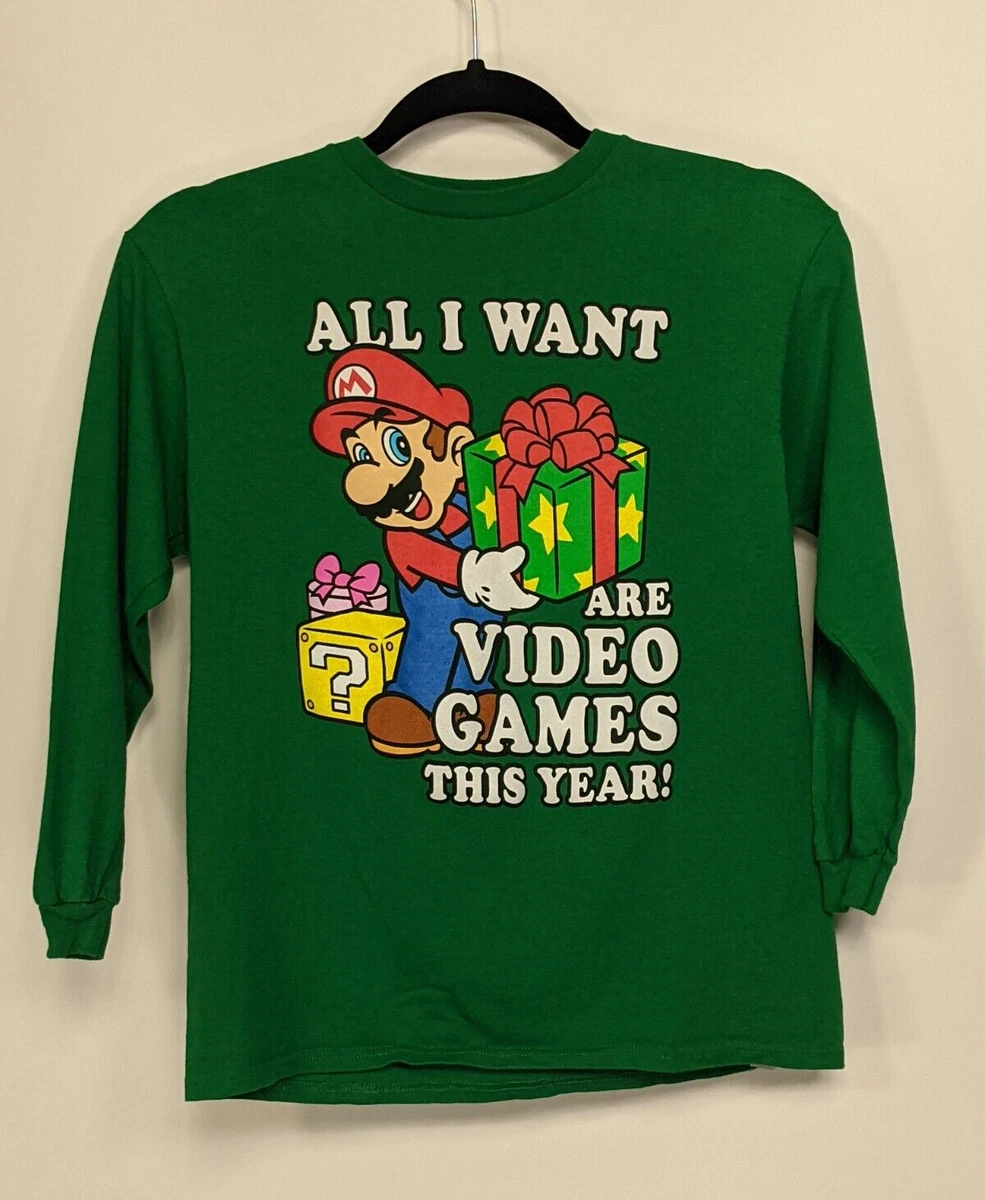 Super Mario All I Want Are Video Games This Year Graphic Green Kids Shirt Size M