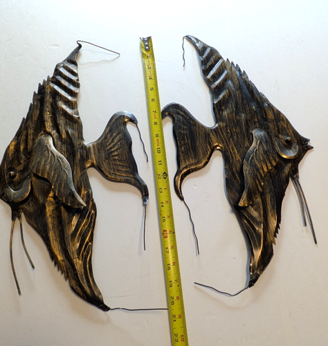 Vintage Angel Fish Hanging Wall Art Set of 2 Black Gold Metal MCM 20x11 - Picture 8 of 9