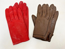 VTG 2 Pair of Women's Leather Gloves Red  Brown S Unlined Dressy Cutout 50s