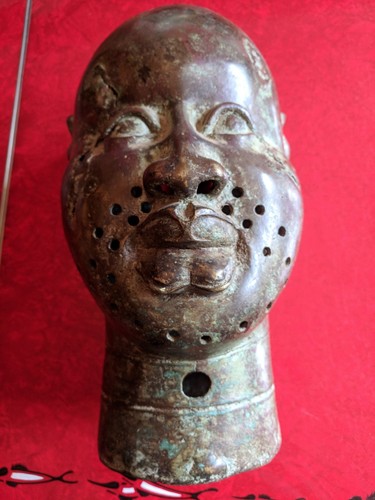 Große 13" AFRIKANISCHE BÜSTE Benin STAMMESKOPF Bronze Yoruba Mid Century Kunst Patina - Bild 10 von 12
