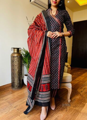 Diwali Black Color Printed Kurti Pant Dupatta Set Readymade Salwar Kameez Dress - Picture 1 of 8
