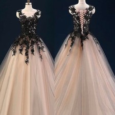 Champagne Black Gothic Wedding Dresses ball gown Lace Applique Tulle Bridal Gown