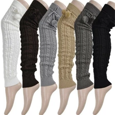 Women Winter Knitted Leg Warmer Knee Thigh High Long Boots Socks With Fur Ball
