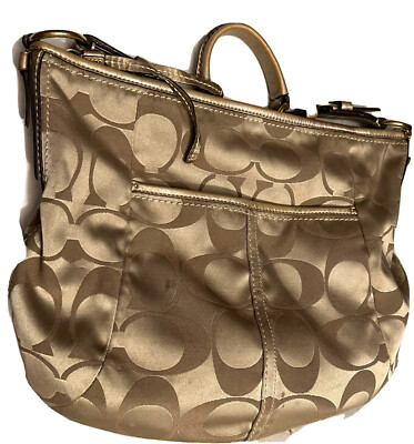 COACH SIGNATURE SHOULDER HOBO BAG BROWN LEATHER TRIM. SILVER