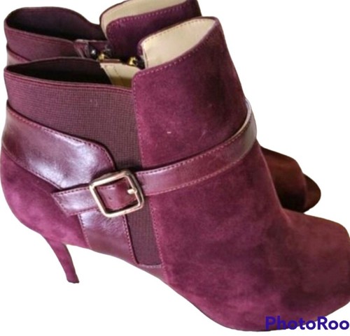 Marc Fisher Shimmee Size 11 Burgundy Suede Open Toe Buckle High-Heel Ankle Boots - 第 1/7 張圖片