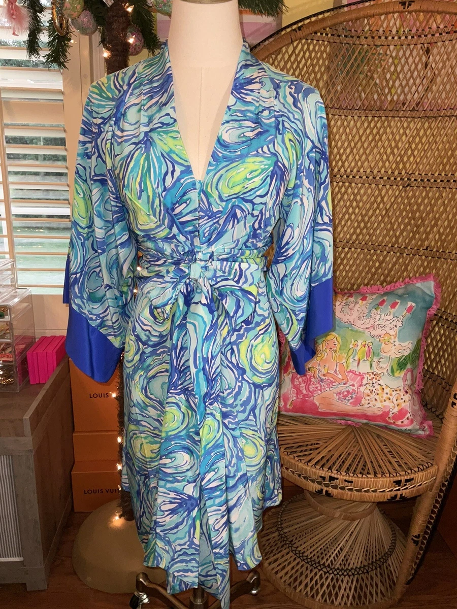 Lilly Pulitzer NWT Kimora Silk Kimono Dress 🦄 Sparkling Blue Oh Shucks  Size XS