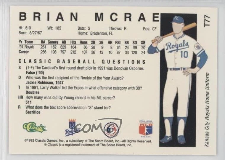 1992 Classic Update Blue/Red Travel Edition Brian McRae #T77 - Image 2 of 2