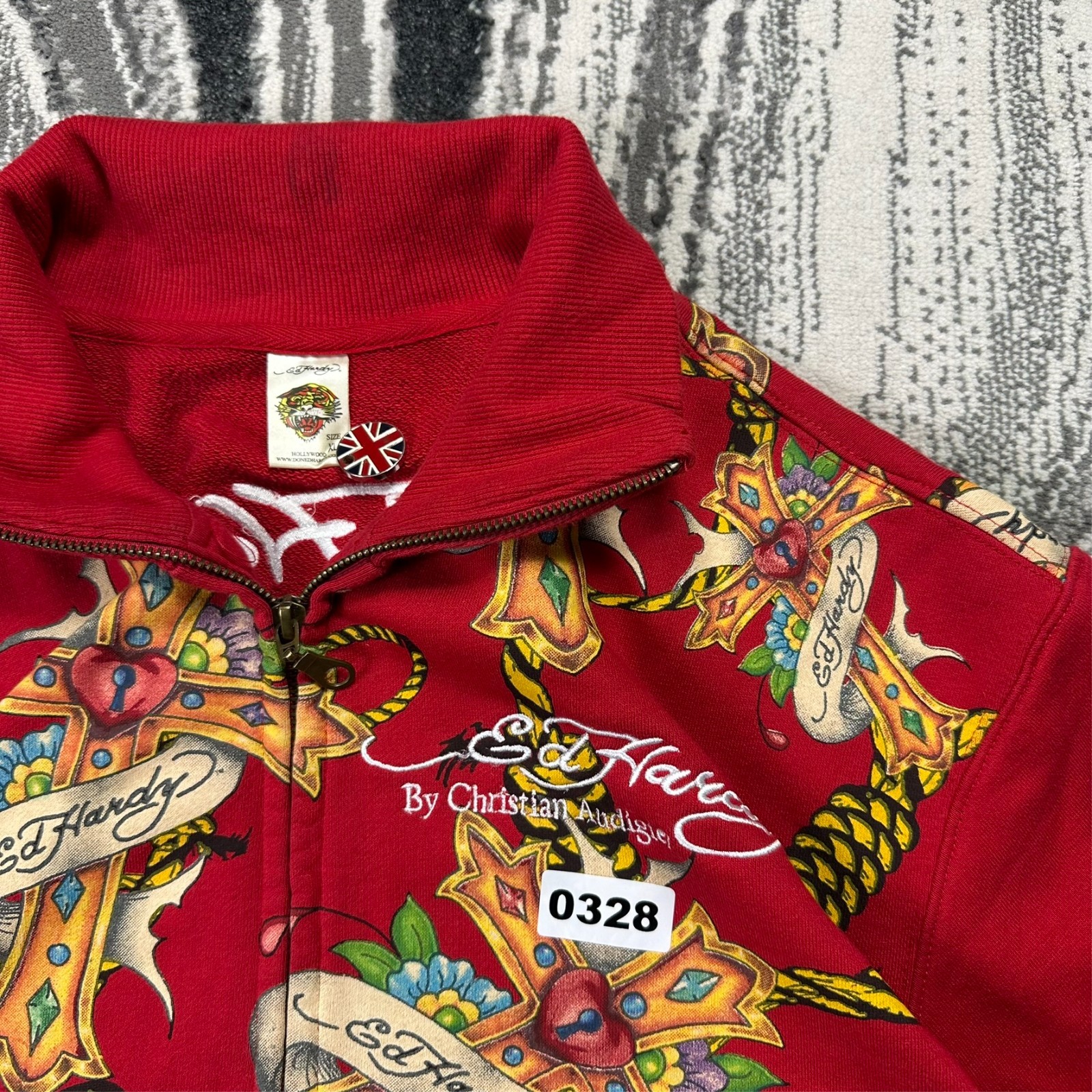 VTG Ed Hardy 2000's Y2K Cross Print Multicoloured Sz XL Funnel Neck Track Jacket image 3