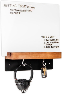 Whiteboard Message Center, Glass Dry Erase Board with Wood Holder and Hooks, Rem