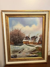 Uncommon Mid 20th Century Oil Painting Serene Winter Thatched Cottage Water Mill