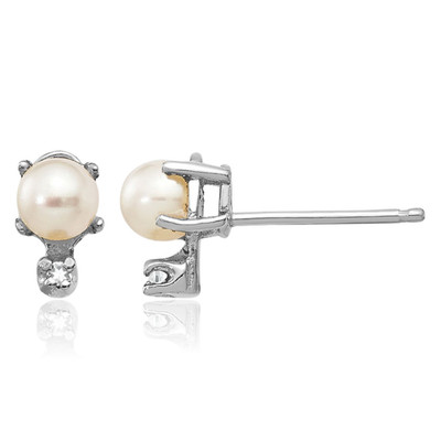 14K Solid White Gold Diamond Freshwater Cultured Pearl Stud Earrings