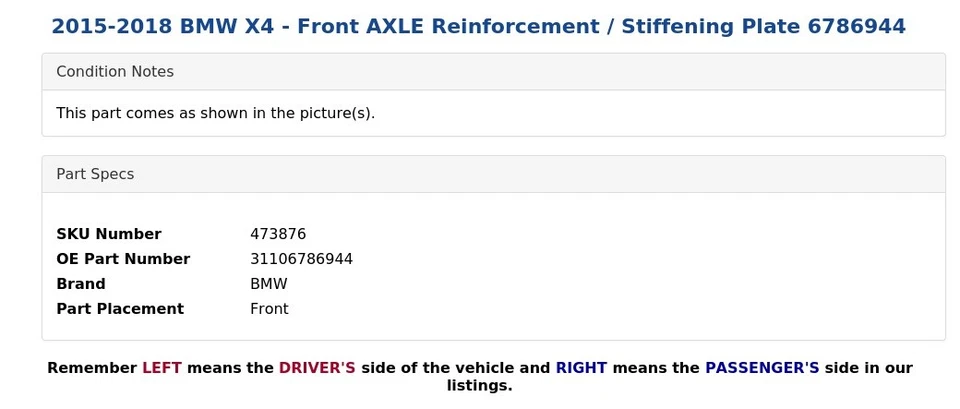 BMW X4 2015-2018 - Placa de refuerzo/refuerzo del eje delantero 6786944 Foto 4 de 4