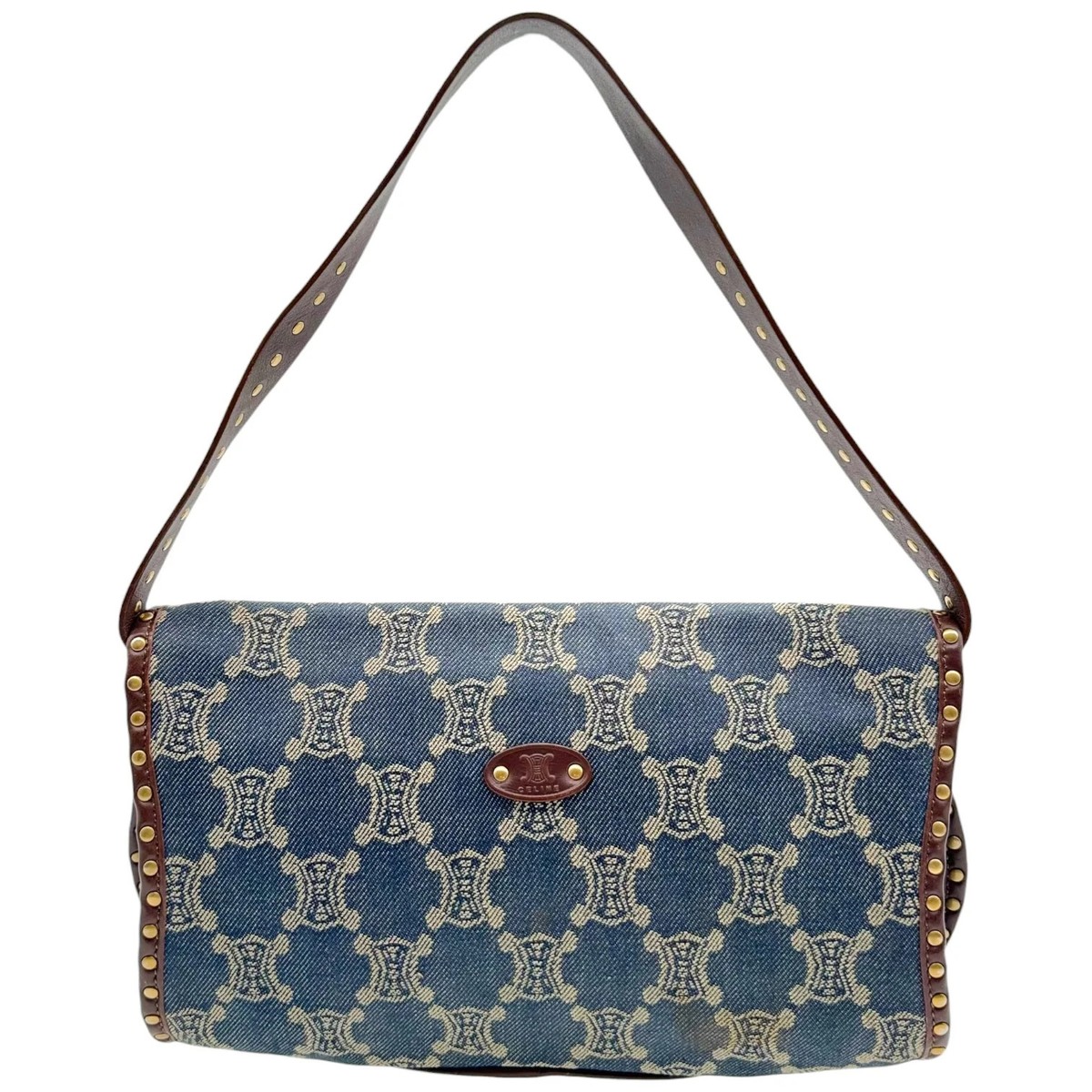 Celine Denim Triomphe Monogram Studded Poulbot Shoulder Bag | eBay