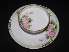 OLD HAND PAINTED NIPPON CHEESE & CRACKER SET PINK FLOWERS PEONIES ROSES