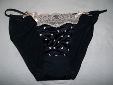 Heart front print lace trim satin string bikini panties M black nwot 80s retro