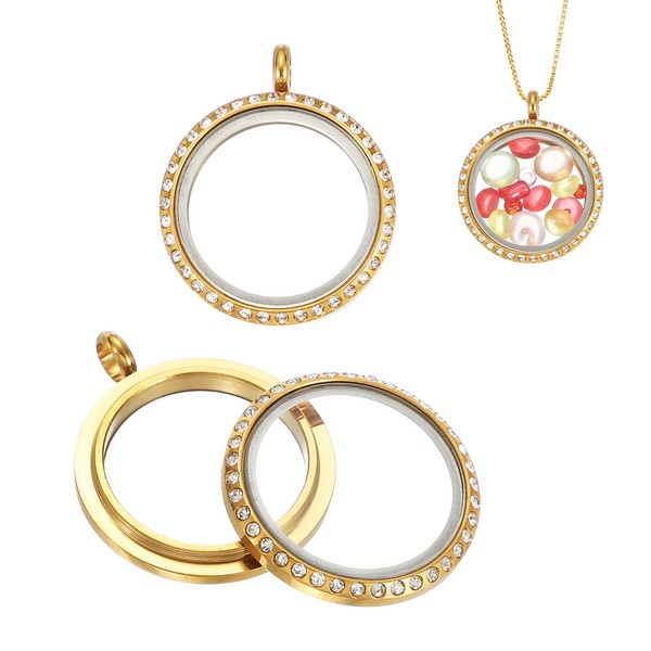 2 StüCk FüR Memory Locket Charm 23Mm Rhinestone Dreh-AnhäNger Gold-image