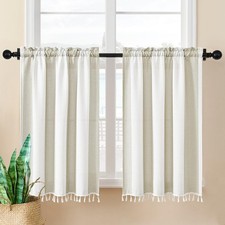 Boho Kitchen Curtains, 36 Inch Length Striped Linen Cafe Curtains with Tassel...