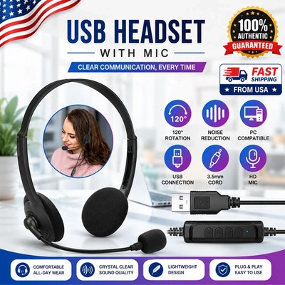 USB Headset Headphone With Microphone Noise Cancelling For PC Computer Call Chat