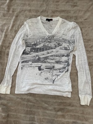 Men s Guess White Long sleeve V Neck Lightweight Size L